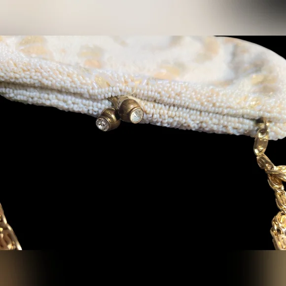 Vintage Cream Beaded Clutch with Gold Chain - Picture 4 of 5